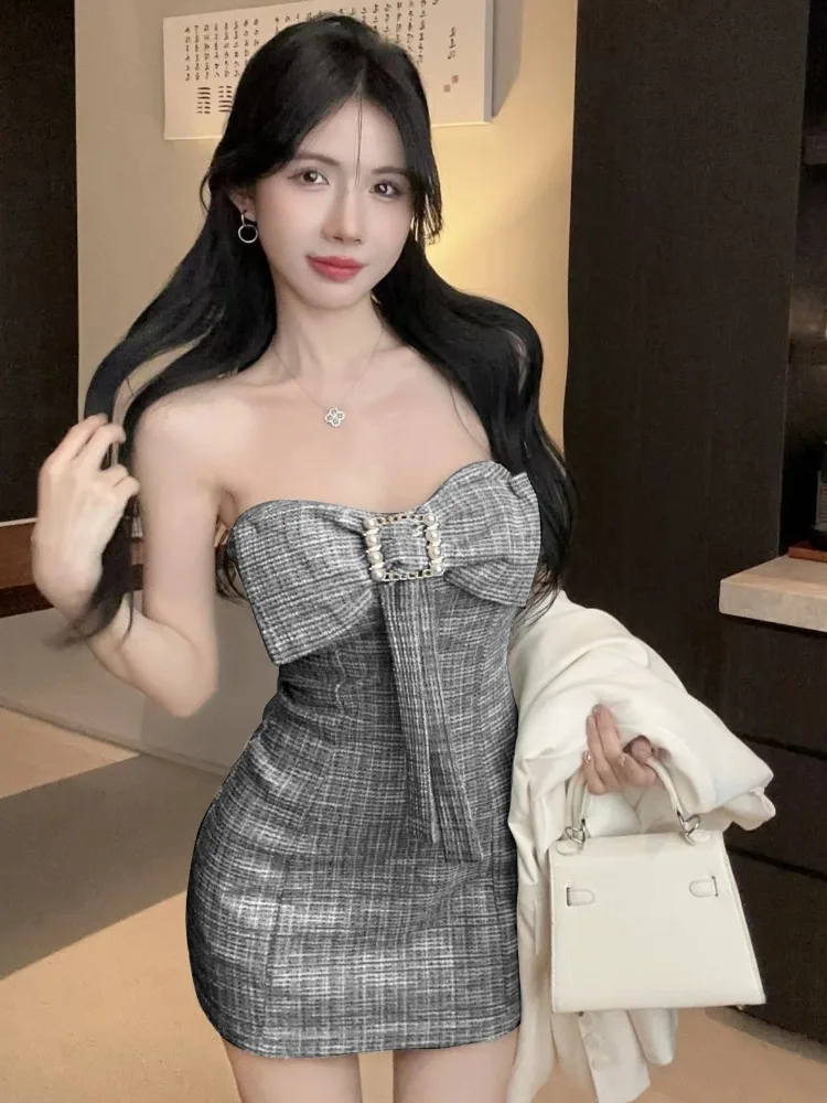 

Sexy Strapless High Waist Slimming Bodycon Dress Fashionable Vest Base Layer Short Skirt Korean Style Commute Knot