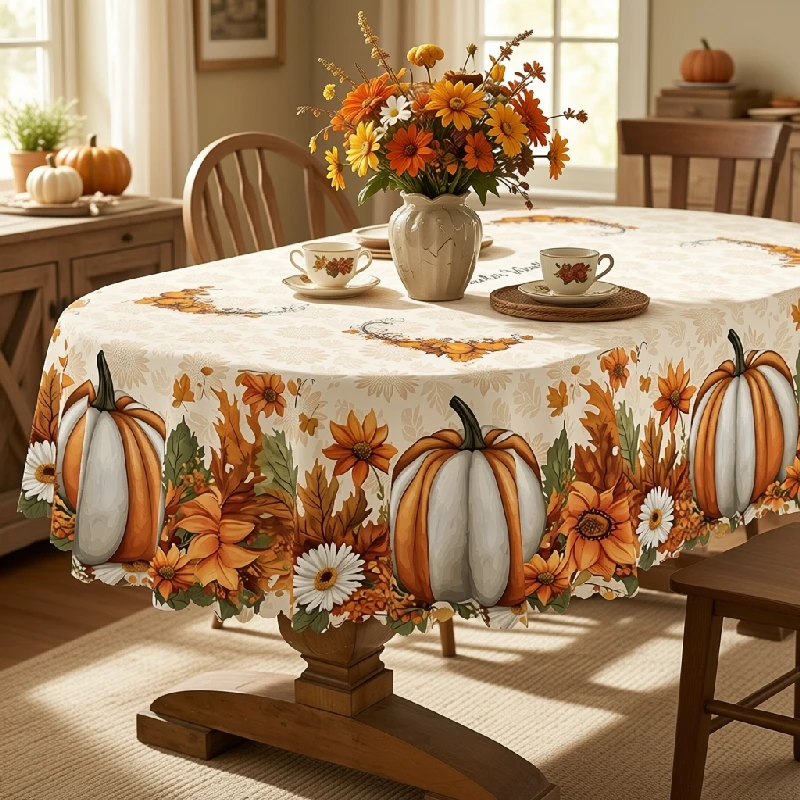 Vespri Retro-Kürbis-Tischdecke - Rund, Rechteckig, Oval - Herbst-Kürbis-Tischdecke für Thanksgiving