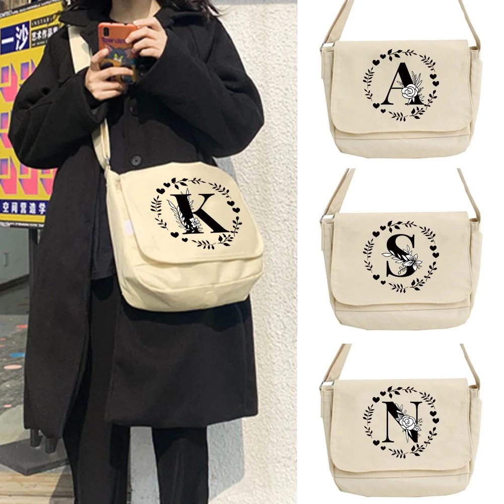 

Shoulder Bag Canvas Crossbody Bags Garland Letter Pattern Series Handbag Large Capacity Teenager Student White Messenger Bag