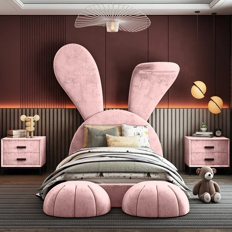 New Bunny Kids Bed Room Furniture Pink Princess Girls Bedroom Rabbit Design Children Bed Upholstered Fabric Girls Beds