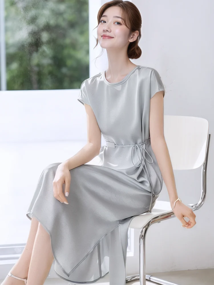 Women Solid Satin Luxury Party Evening Dress Summer Short Sleeve Bow Bandage Loose Dress 2025 Korean Fashion Elegant Party Dress