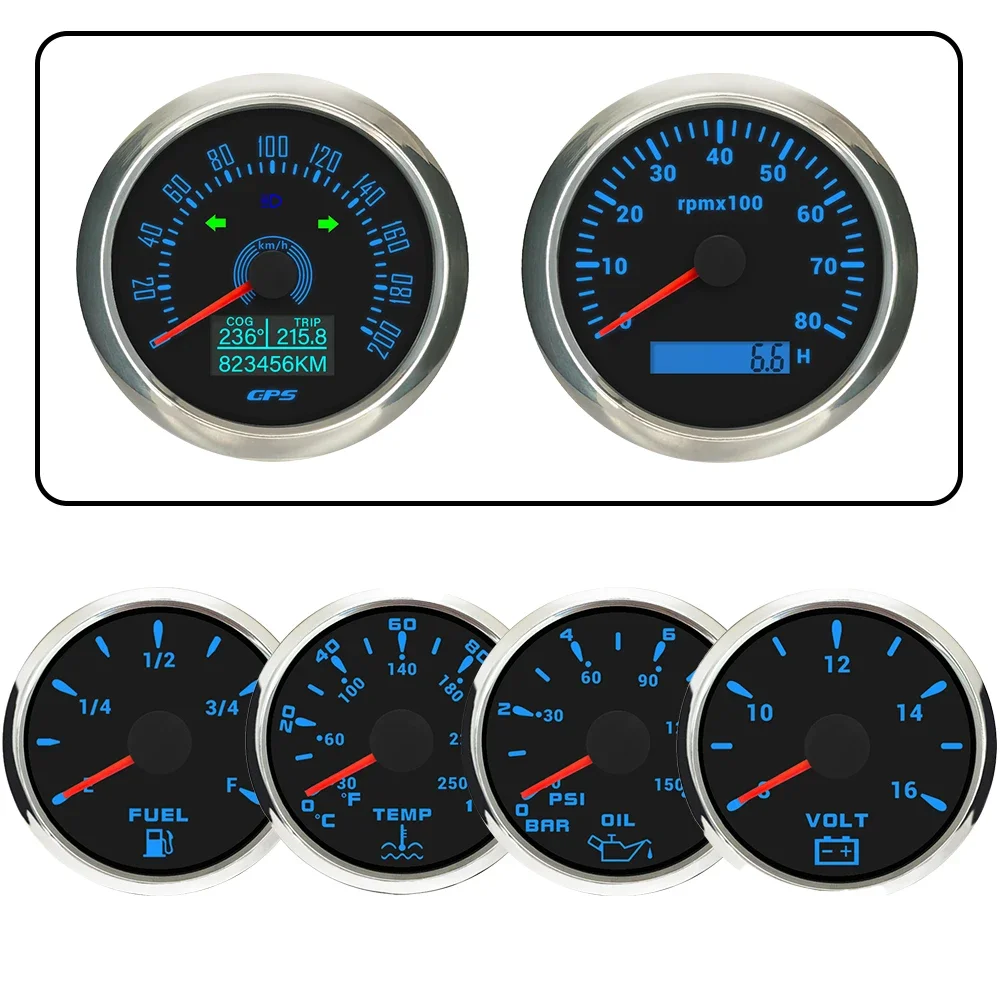 85mm GPS Speedometer 0-200KM/H+0-8000RPM Tachometer + 52mm Water Temp Oil Pressure Fuel Level Voltmeter with 7 Colors Backlight