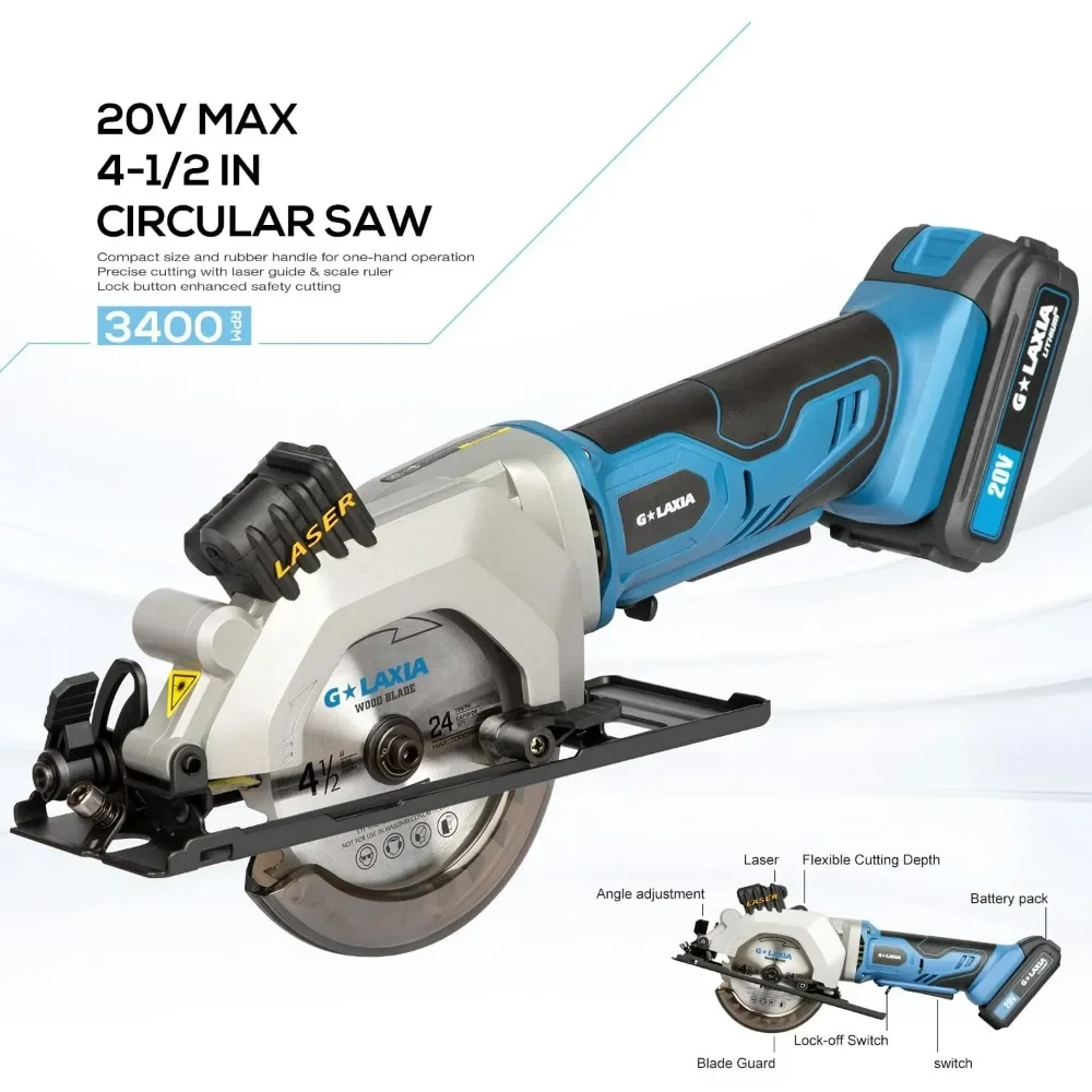 Mini Circular Saw, 4-1/2" 3400RPM Cordless Circular Saw with Laser Guide, Rip Guide, Compact Hand Saw with 2Pcs blades（24T+60T)