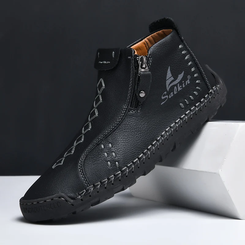 New Winter Handmade Leather Men Boots Outdoor Zipper Design Sneakers Man Breathable Casual Leather Shoes Men Ankle Boots Slip On