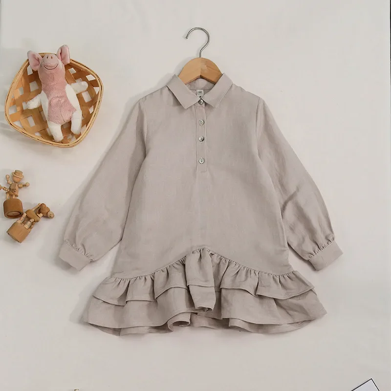 Fashion Autumn Baby Girls Dresses Beige Double Flounce Button Decorated Pullover Shirts Blouses Patchwork Kids Outwears