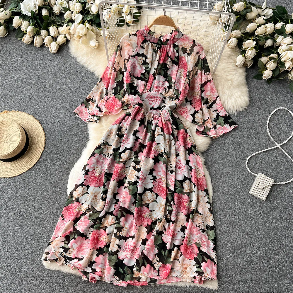 

New Spring Autumn Women Stand Collar Ruffles Sleeve Slim Long Dress Sweet Bandage Bow Backless Floral Chiffon Dress