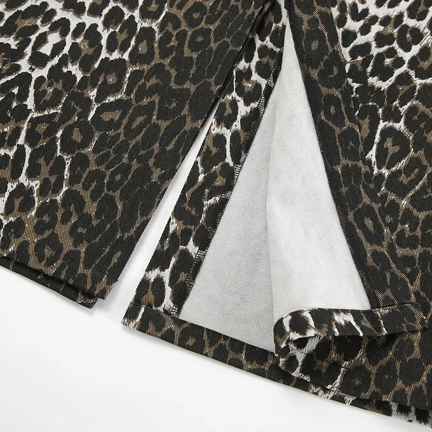 ليوبارد طباعة الدنيم تنورة المرأة عالية الخصر جيب مستقيم منتصف التنانير موضة مكتب سيدة طويلة القطن شق الكاحل طول تنورة