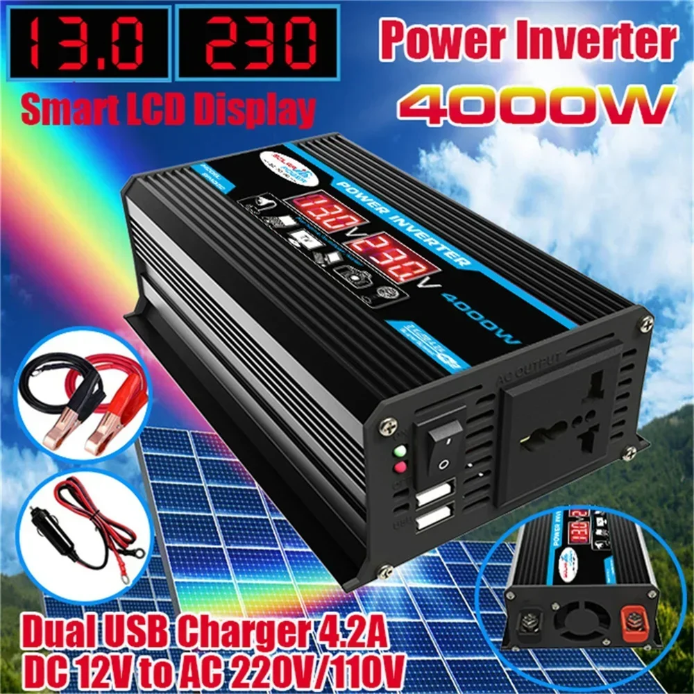 Pure Sine Wave Inverter Dual USB 12V to 220V/110V 1600W 2500W 3500W 4000W LED Car Voltage Converter Black/Yellow #20