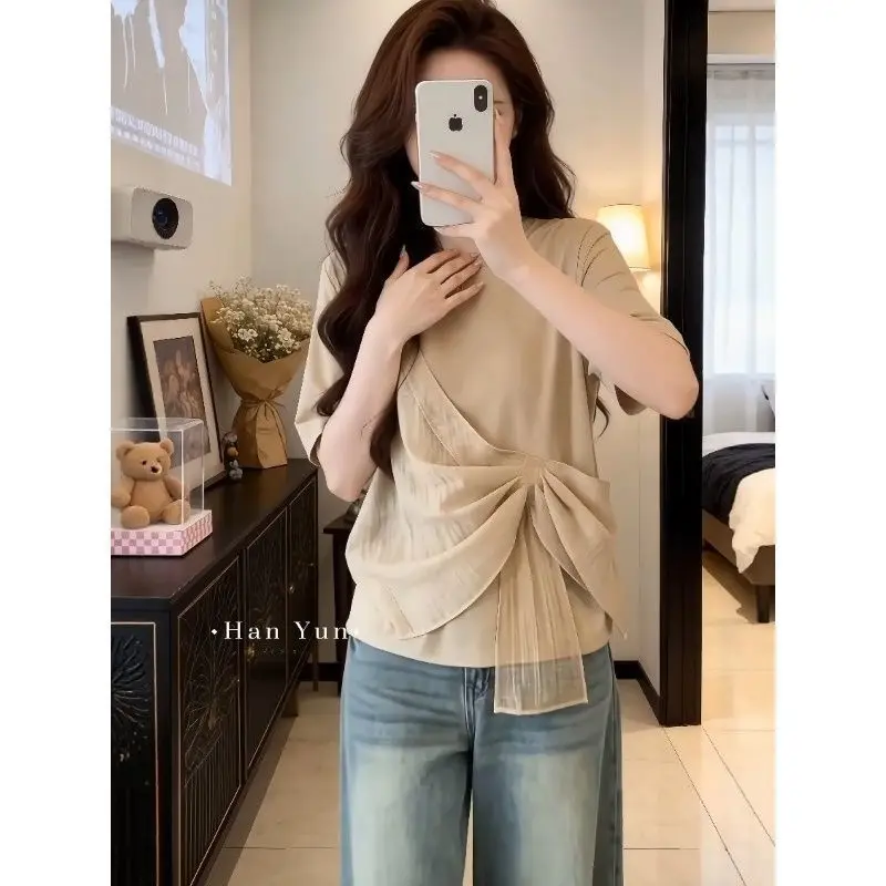 

Plus-size women's summer new pure color commuting style loose slimming versatile mesh spliced short-sleeve T-shirt