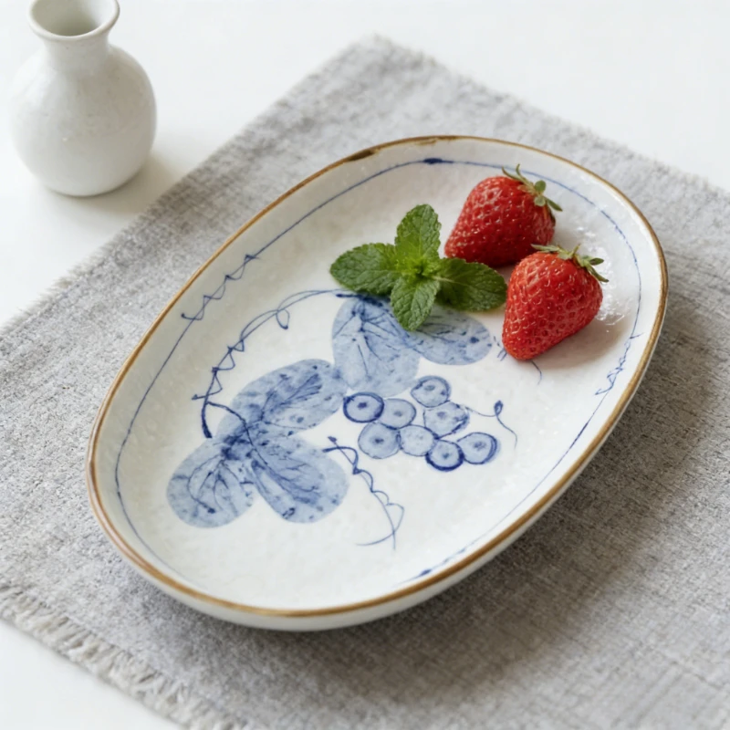New Japanese Style Hand Painted Retro Ceramic Plate Oval Long Curry Rice Plate Creative Steamed Fish Dish Daily Dining Tableware