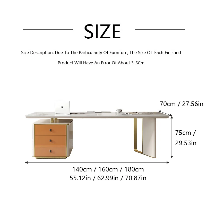 Meja Kerja Batu Sinter Modern dengan Kabinet Penyimpanan Laci dan Kaki Logam, Meja Tulis Kontemporer untuk Kantor Rumah atau Ruang Belajar