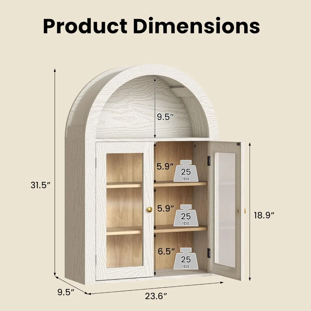 خزانة حمام مقوسة مثبتة على الحائط مع أبواب زجاجية وأرفف قابلة للتعديل للتخزين فوق الحوض