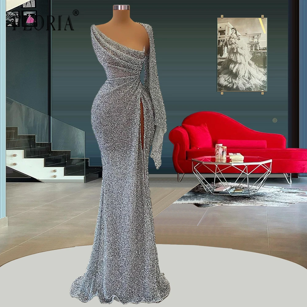 Silber lange Cape Ärmel Party kleid Dubai voll Perlen Luxus Abendkleid arabische formelle Kleider Vestidos de Fiesta Brauch