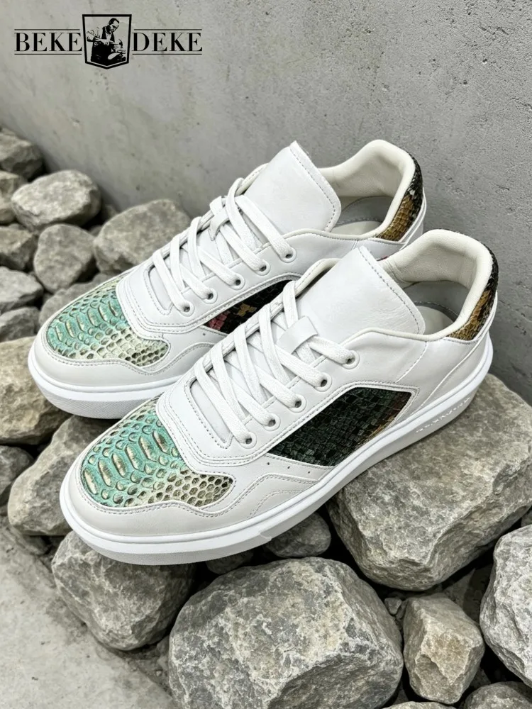 

Lace Up High Quality Handmade Snakeskin Patchwork Cowhide Mens Casual Shoes Male Real Leather Sneakers Low Cut Fashion Footwear