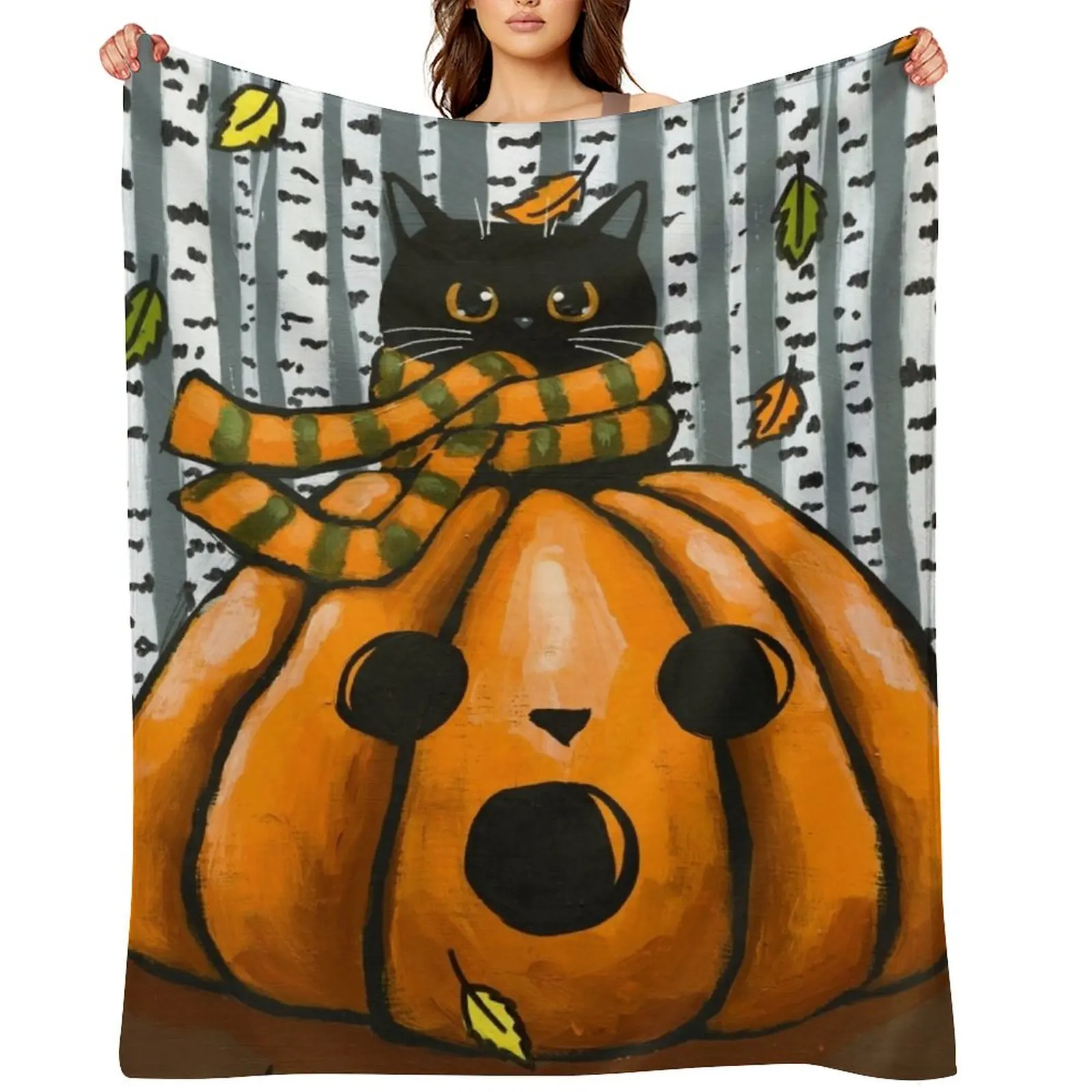 

Autumn Pumpkin Black Cat Throw Blanket Custom halloween Softest Comforter Blankets