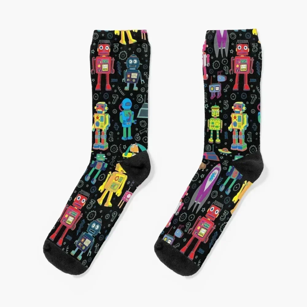 

Robots in Space - black - fun pattern by Cecca Designs Socks halloween compression christmas stocking Designer Man Socks Women's