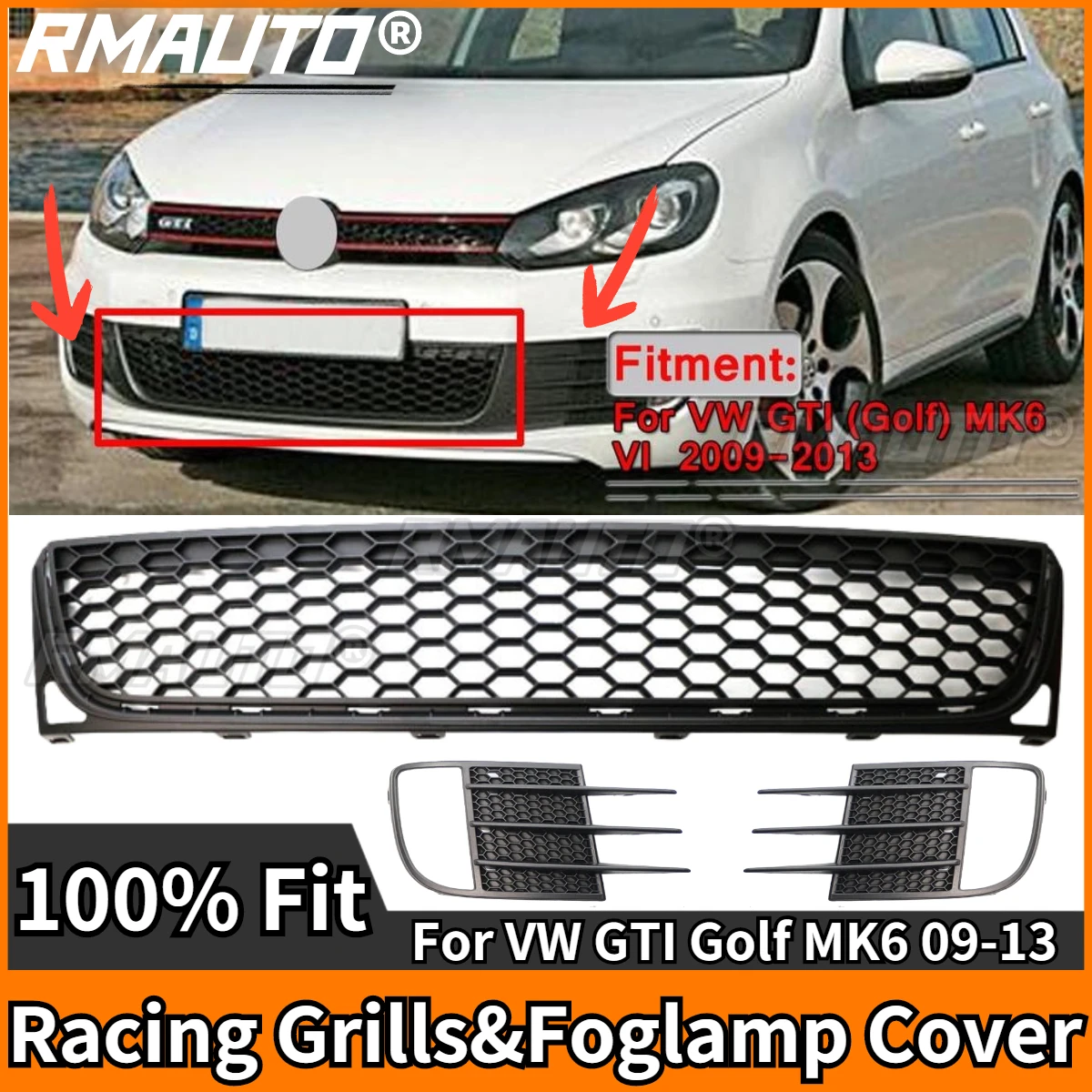 

Golf MK6 Grill Matte Black Car Front Bumper Grill Fog Lamp Cover Honeycomb Racing Grills Body Kit for VW GTI Golf MK6 2009-2013