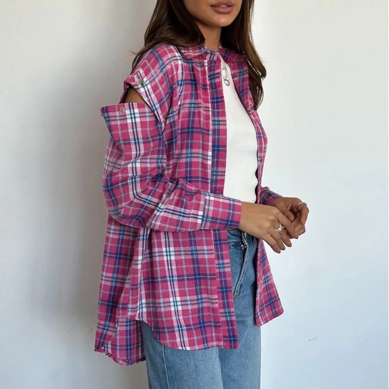 HKSH Autumn Women New Pink Plaid Detachable Trend Long Sleeve Shirt Fashionable Versatile Turn-down Collar Outerwear Tops HK8657