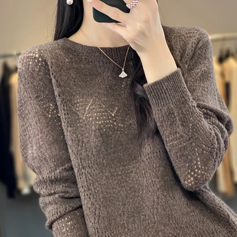 Spring Autumn New 100 Woolen Sweater Women\'s Low Round Neck Pullover Knitted Hollow Out Thin Solid Color Bottom Loose Top Trendy