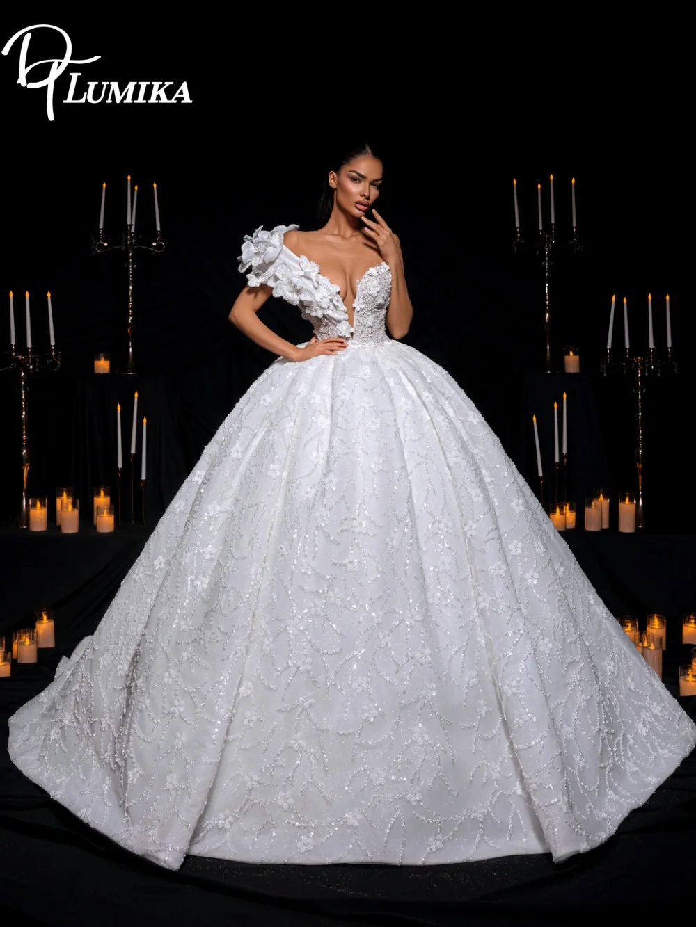 

Romantic Long Sleeve Ball Gown Wedding Dress Elegant Deep V Neck Sheer Lace Applique Timeless Sparkling Bridal Gown for Brides