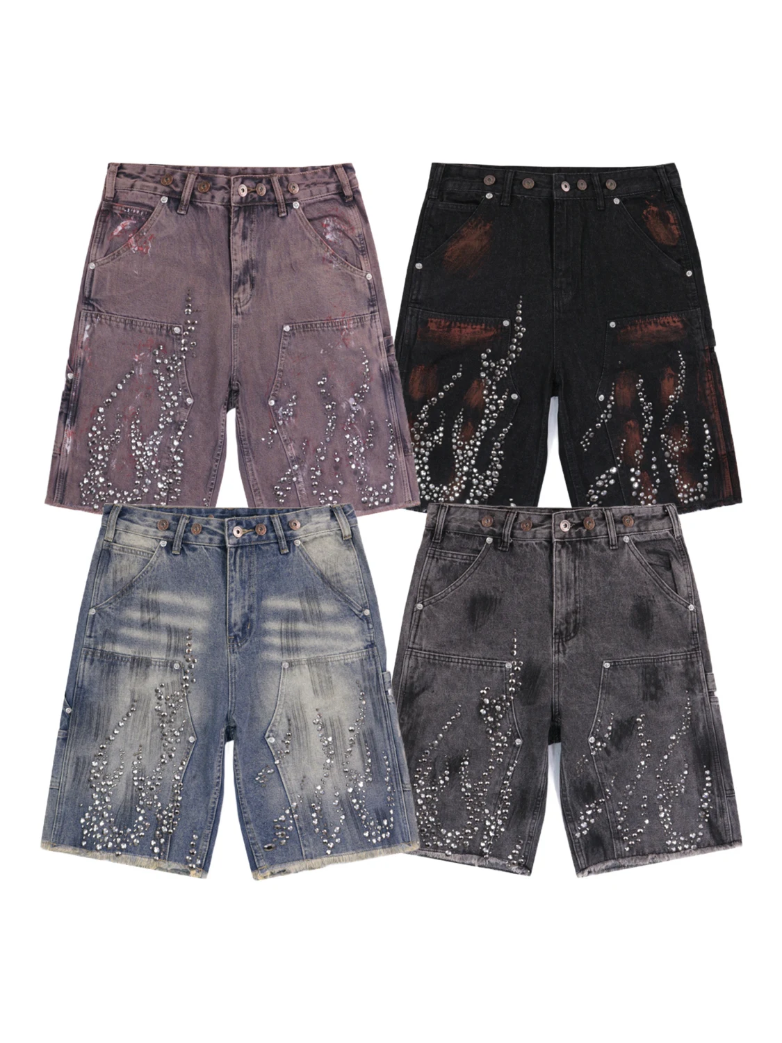 กางเกงยีนส์ทรงตรงประดับเพชร สไตล์อเมริกันเทรนดี้แบรนด์ Ins ประดับคริสตัล สไตล์ลำลองย้อนยุค