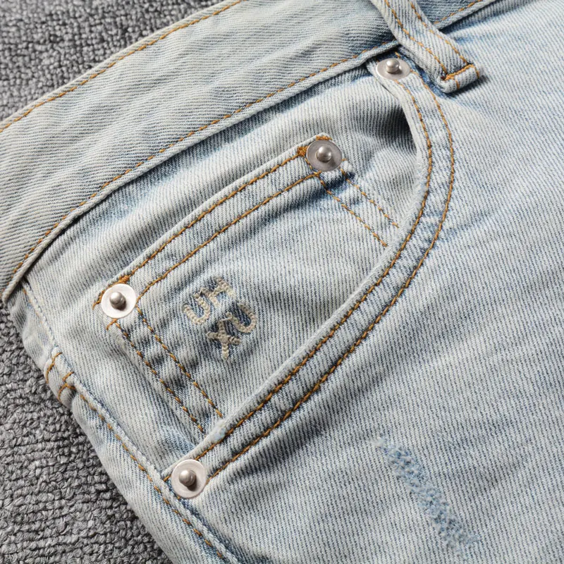 Streetwear Fashion Men Jeans High Quality Retro Light Blue Stretch Slim Ripped Jeans Men Patched Designer Vintage Denim Pants