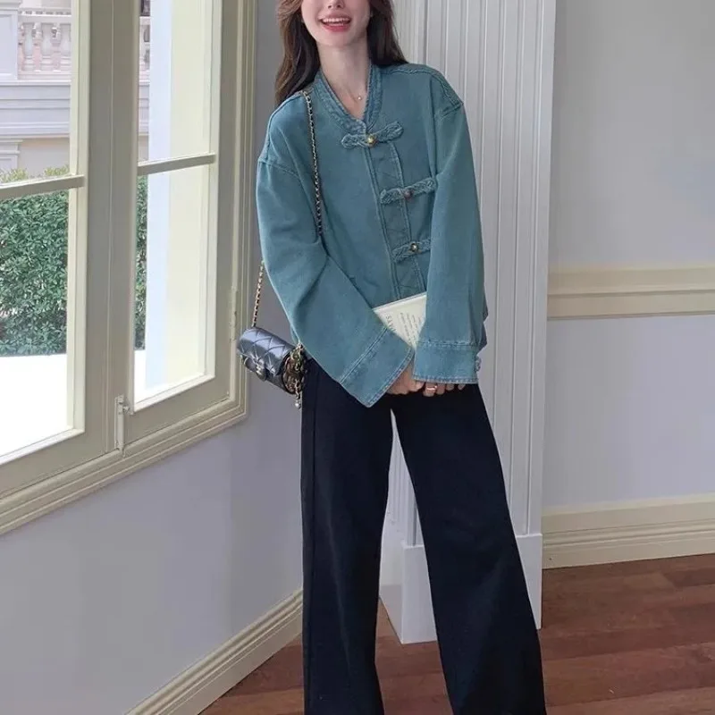 

Женская одежда, осенняя мода, простота, универсальная темпераментная пуговица, однотонная женская джинсовая куртка с круглым вырезом в китайском стиле, топы