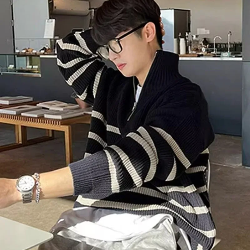 

Loose Men's Knitwear Autumn Winter Striped Sweater Lazy Sle plus Size Casual Outerwear Bo Baseball Collar Long Sve