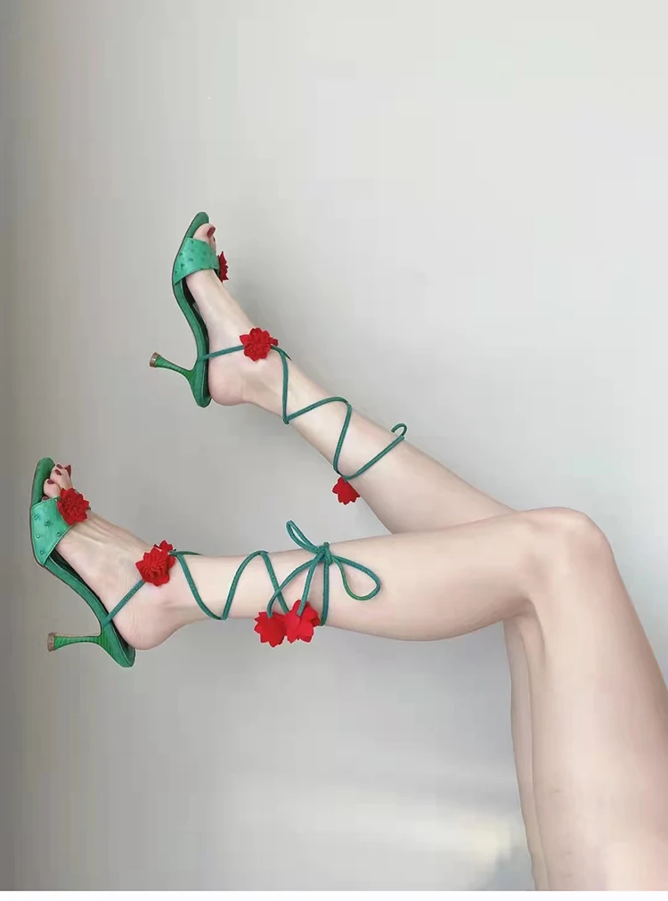 

Open Toe Green Leather Red Flower Sandals Ankle Lace Up Cross Strappy Sexy Lady Desert Style Vintage Summer Stiletto Heels