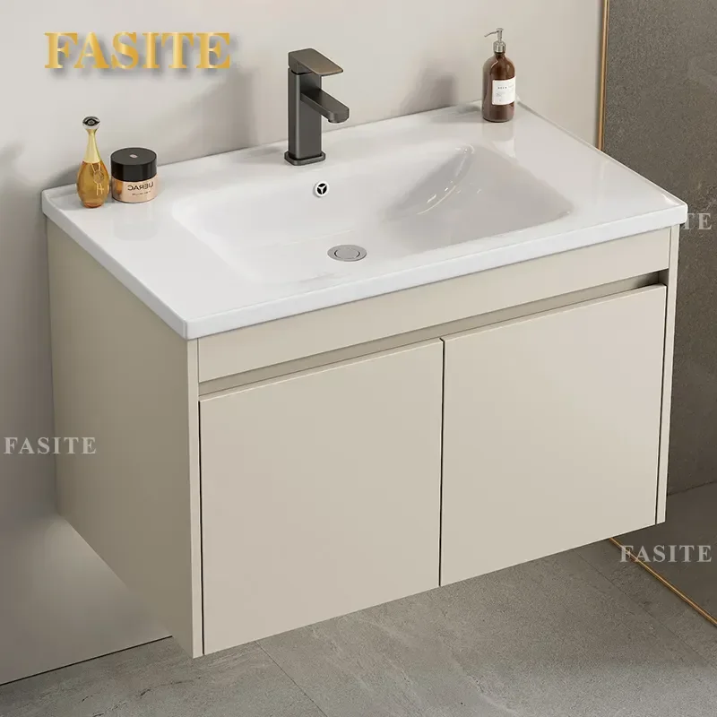 For Wall Mounted Aluminum Bathroom Cabinet Cream Style Space Saving Ceramic Integrated Wash Basin Modern Home Vanity Unit