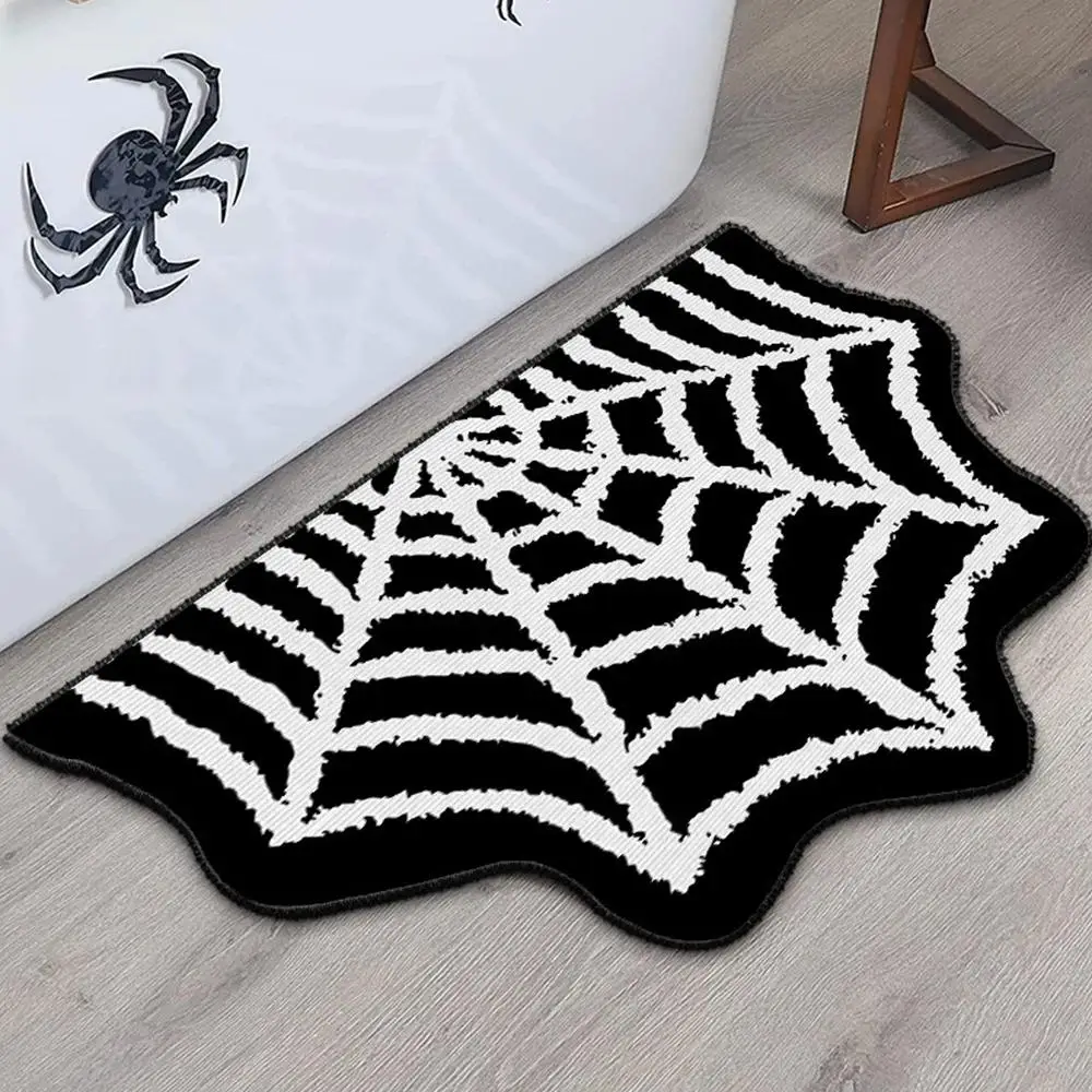 

Halloween Spider Web Imitation Cashmere Doormat Spooky Gothic Bath Mat Non-Slip Tufted Mat For Front Door Living Rug