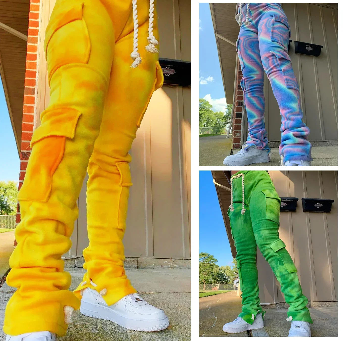 

Strecth Cargo Pants for Women Streetwear Mid Waist Multi Pockets Drawstring Trousers Vintage Autumn Printing Sweatpants