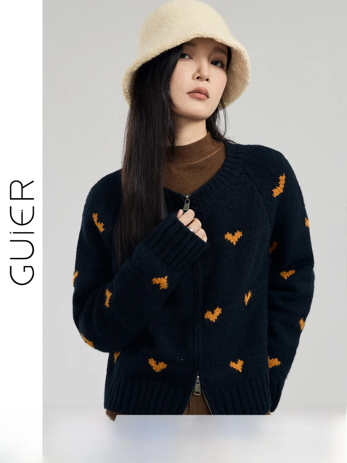 

Guier Embroidered Heart Knitted Sweater Coat Women's Spring Autumn Double Zipper Loose Fit Long Sve round Ne Top