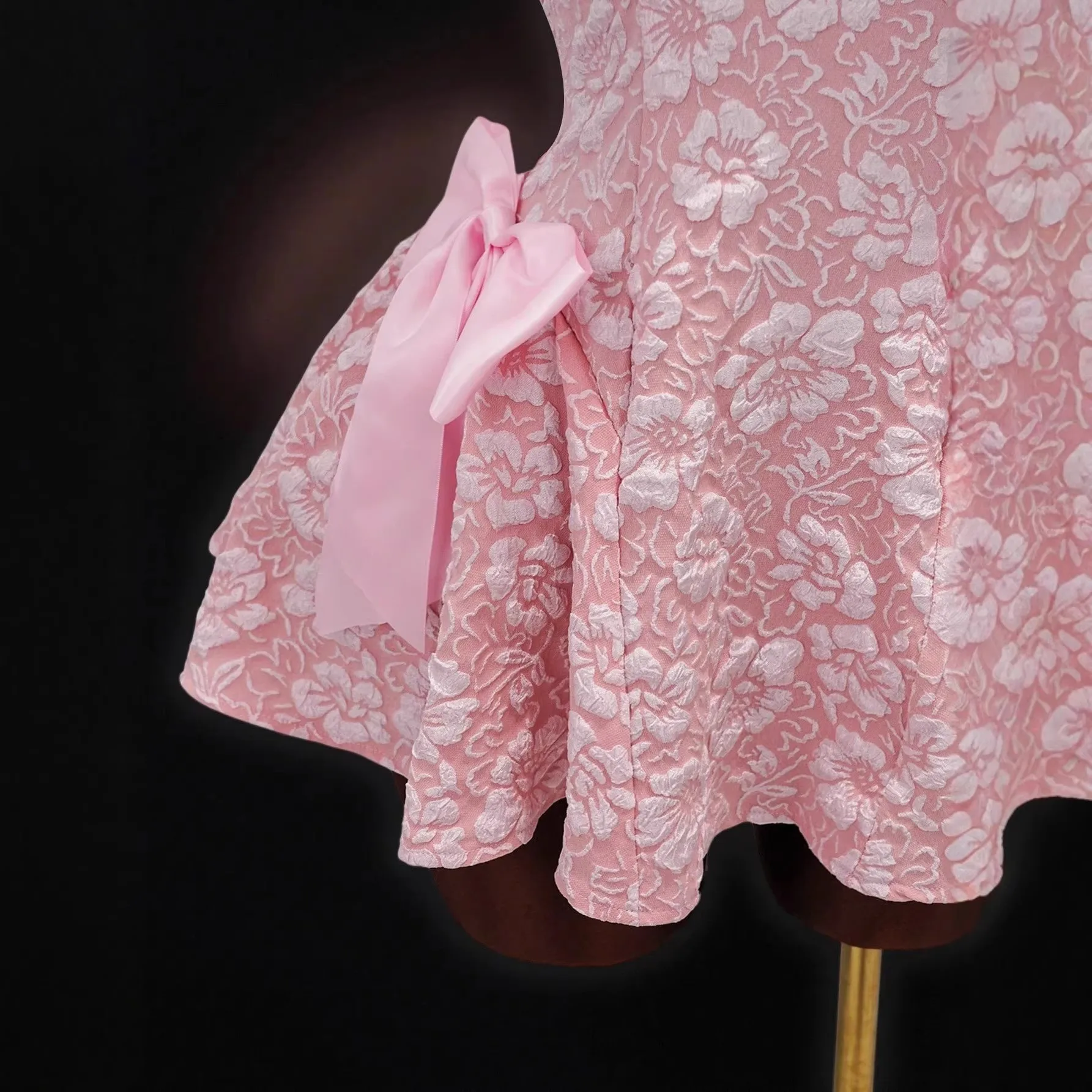 Vestido de Fiesta para Mujer, Elegante y de Lujo, con Cuello Halter y Escote en V, Mini Vestido de Fiesta, Jacquard Floral, Cintura Fruncida Rosa, Peplum