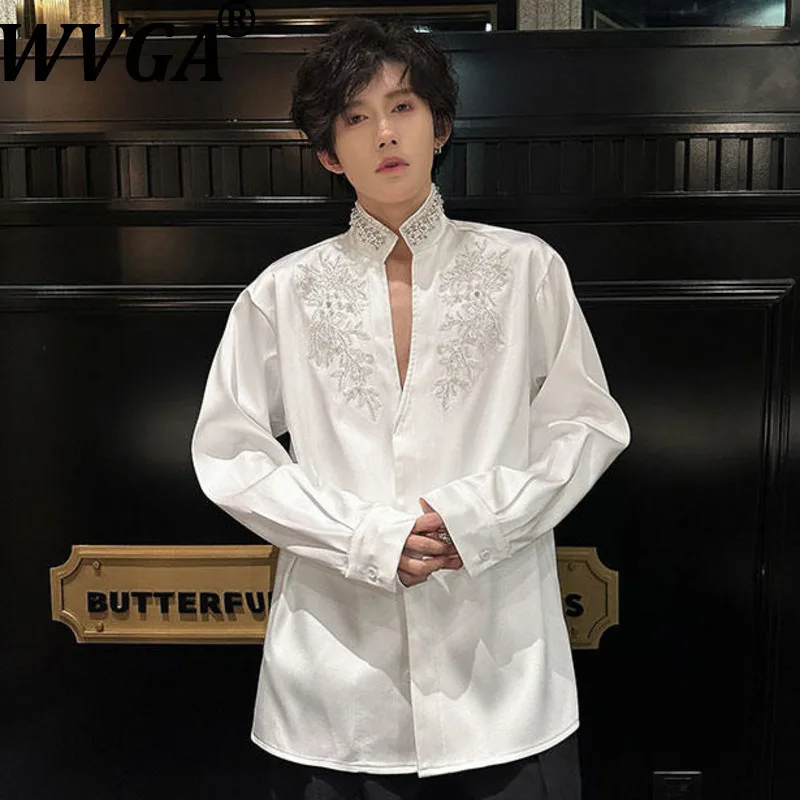 

WVGA Spring Autumn New Men Tide Heavy Beaded Embroidery Trendy Long Sleeve Shirts Niche Chic Casual Stand Collar Tops Ins W17114