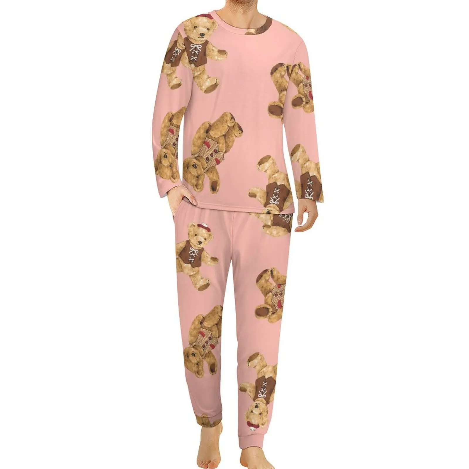 Cartoon Bear Pajamas Mens Cute Animal Print Kawaii Sleepwear Daily Long-Sleeve 2 Piece Casual Graphic Pajama Sets Big Size