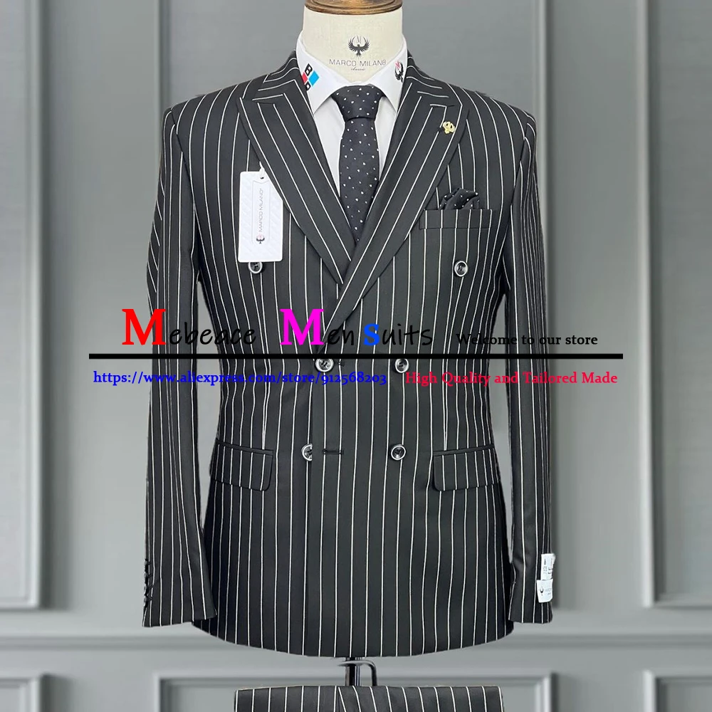 Double Breasted Men's Suits 2 Pieces Blue Stripe Business Male Suits Slim Fit Groom's Wedding Suit Tuxedo Fashion Men Clothing