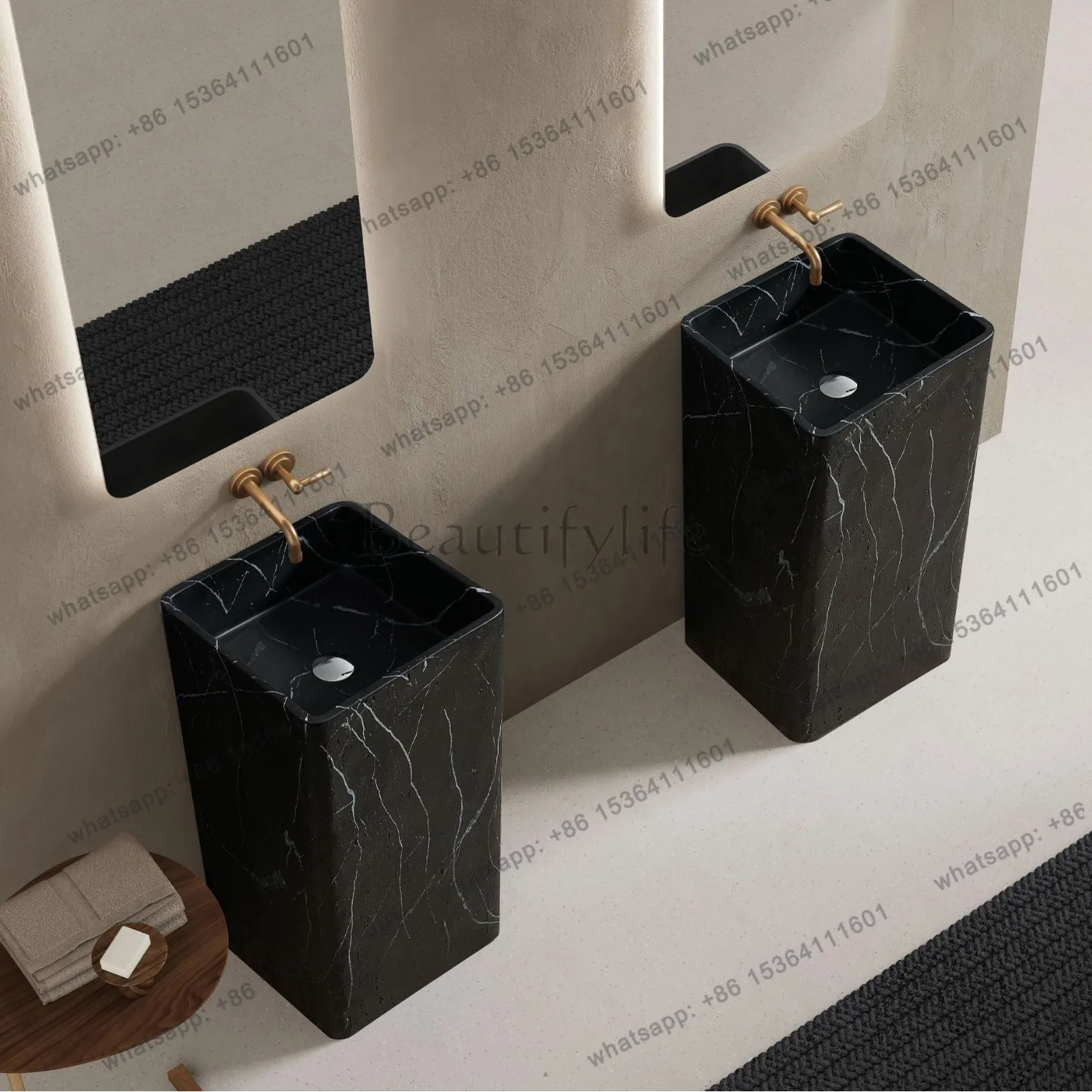 Minimalist light luxury black and white texture integrated column basin designer creative art column travertine washbasin