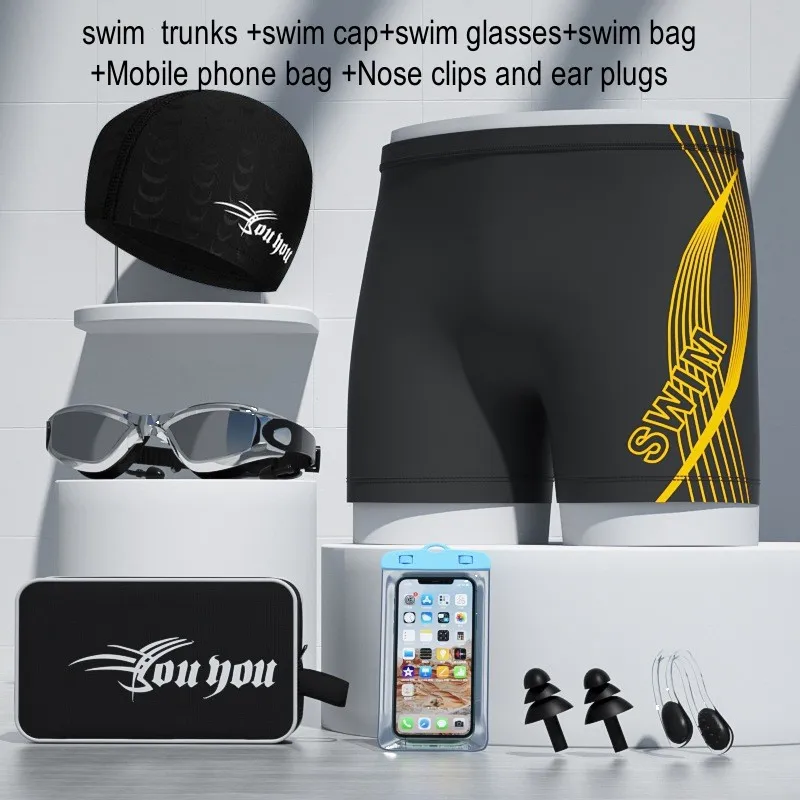 

Men Professional Swim Trunks Cap Glasses Beach Shorts Bag With Ear-plug Cap Case Quick Dry UV Protection Surfing Short Pants