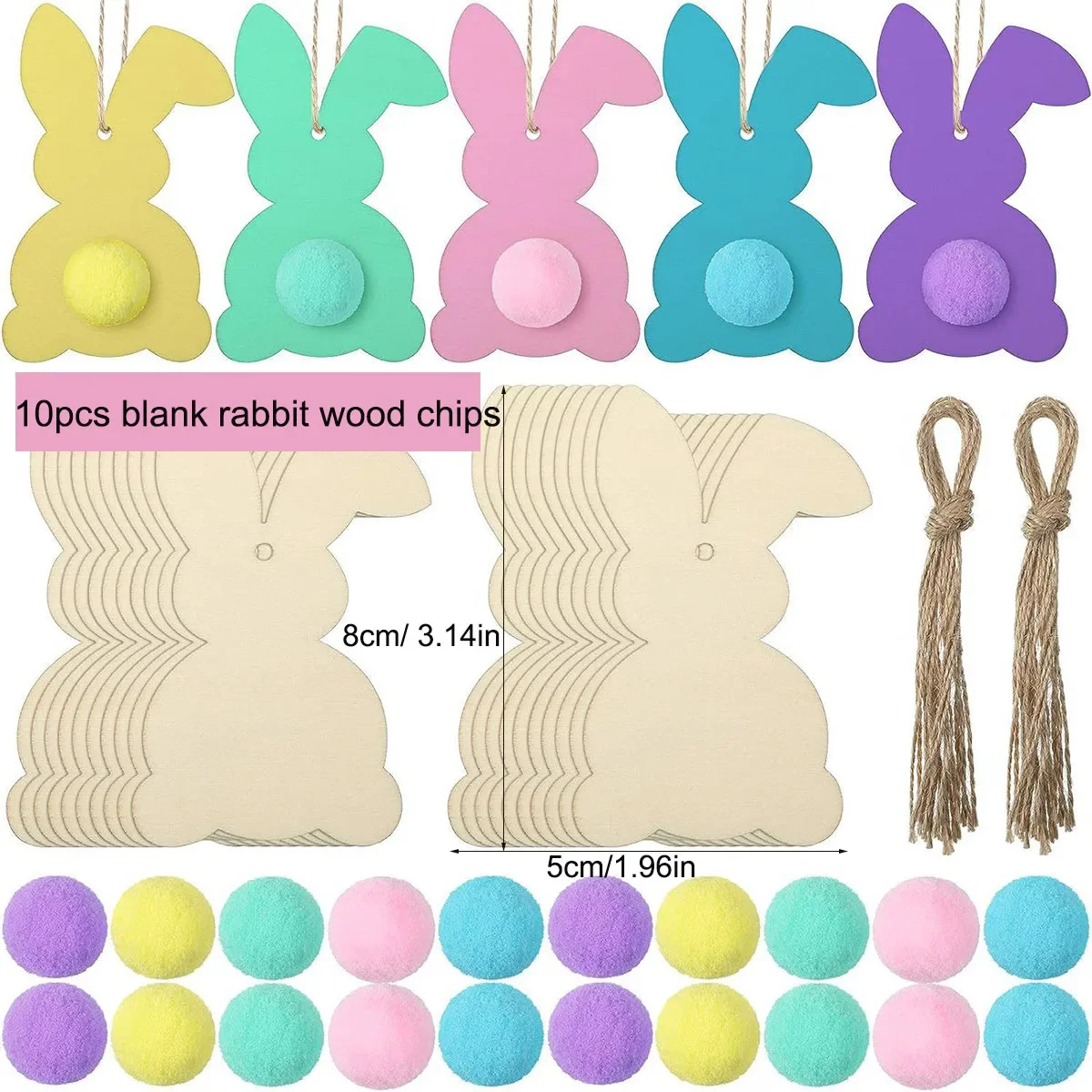 10pcs Diy Colourable Rabbit Hollowed-out Coloured Felt Ball Hanging Cut Craft Label Wooden Easter Ornament Pendant