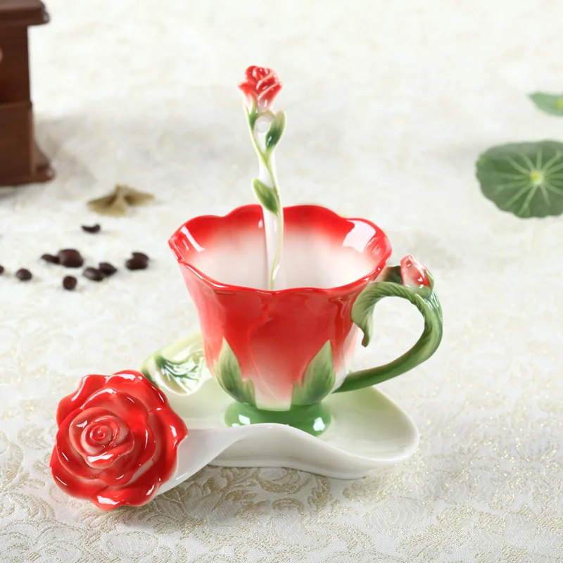 Chinese Colorful Ceramic Coffee Cup Saucer Enamel Flower Mug Wedding Gift Creative Afternoon Camellia Tea Cup Breakfast Milk Mug