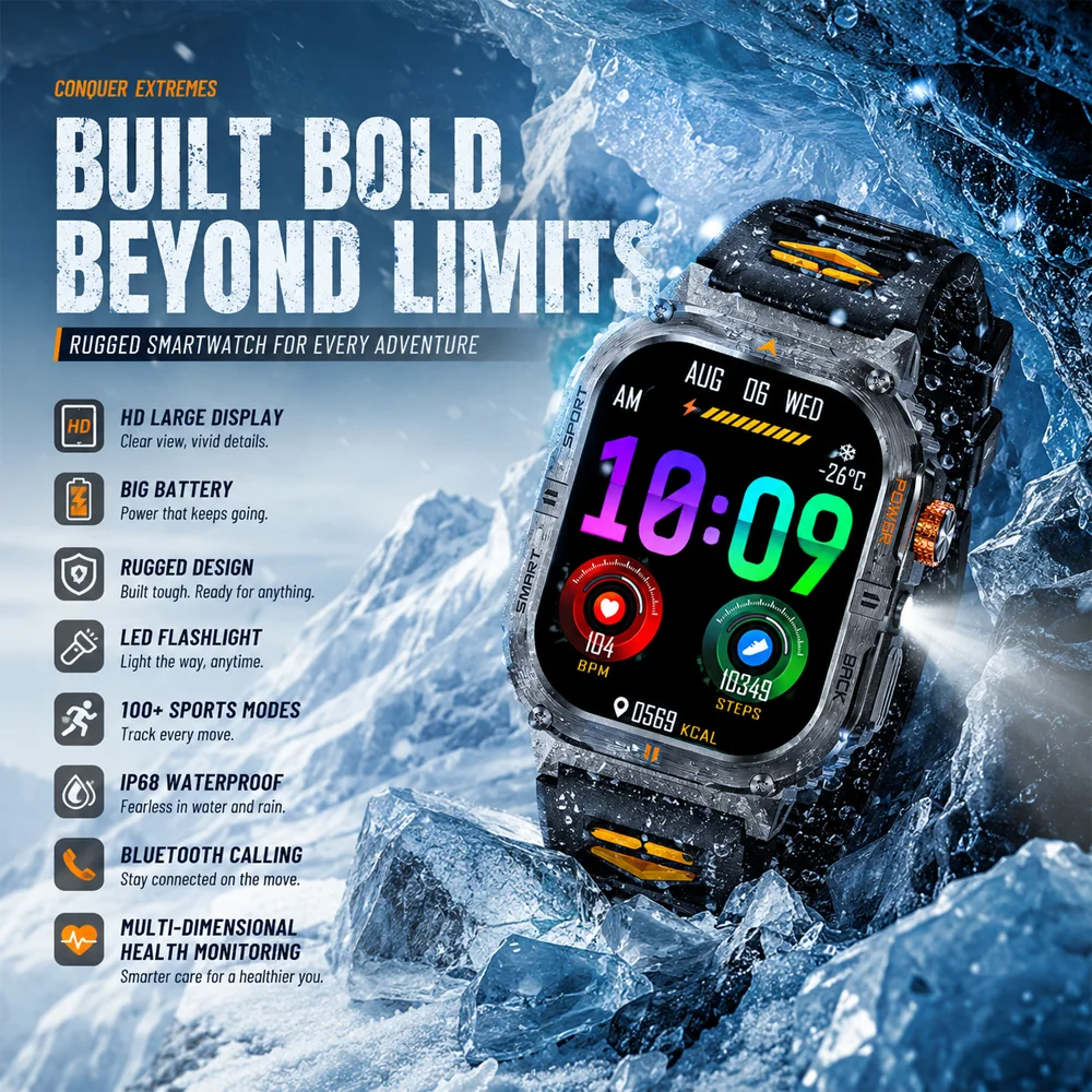 

100+ Sports Modes Mens Rugged Smart Watch IP68 Waterproof Outdoor Fitness Tracker LED Flashlight Large 1000mAh Battery