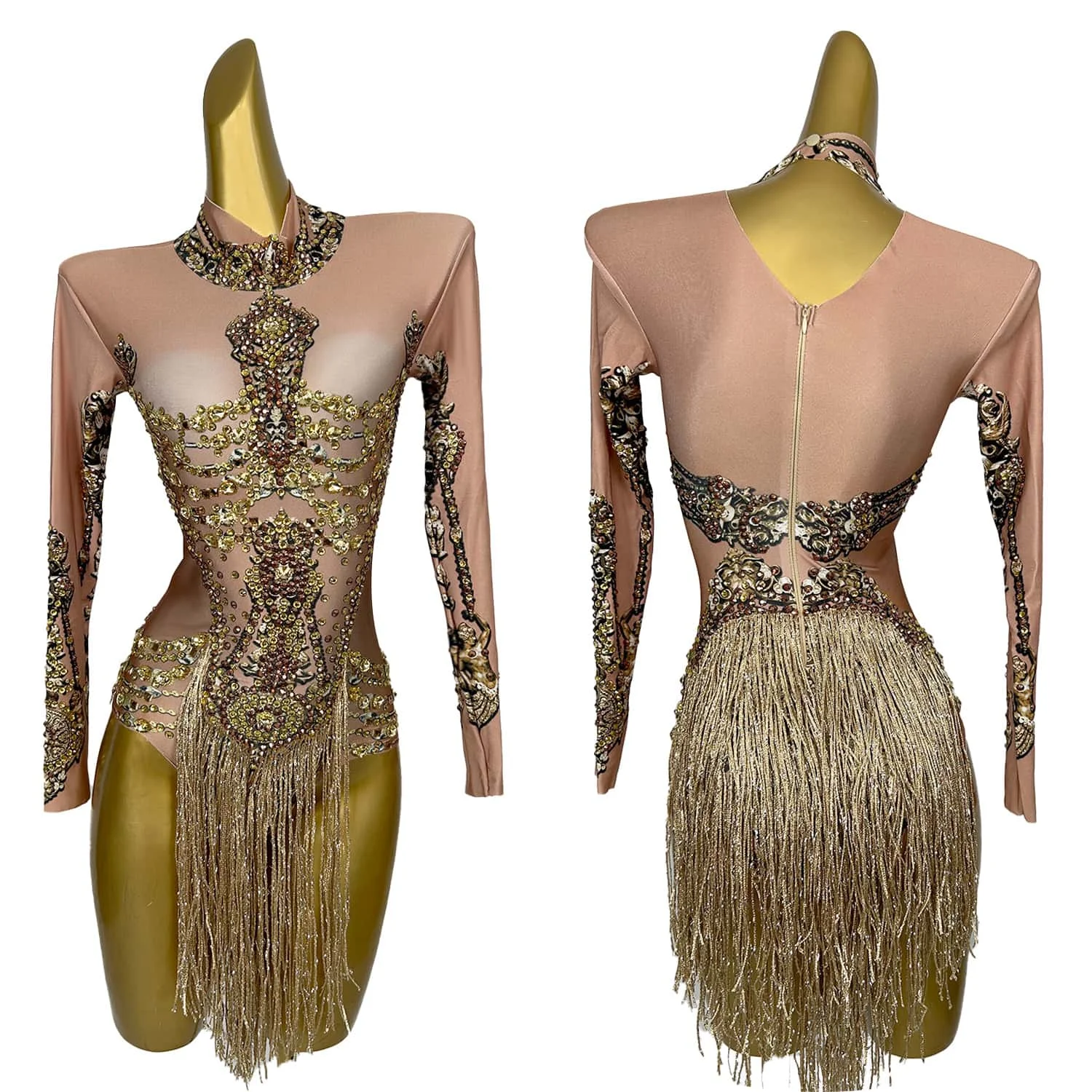 

Sexy Spandex Elastic Tassel Bodysuit Women Nightclub Stage Show Outfit Evening Party Golden Rhinestone Fancy Bodysuit Jinbiao