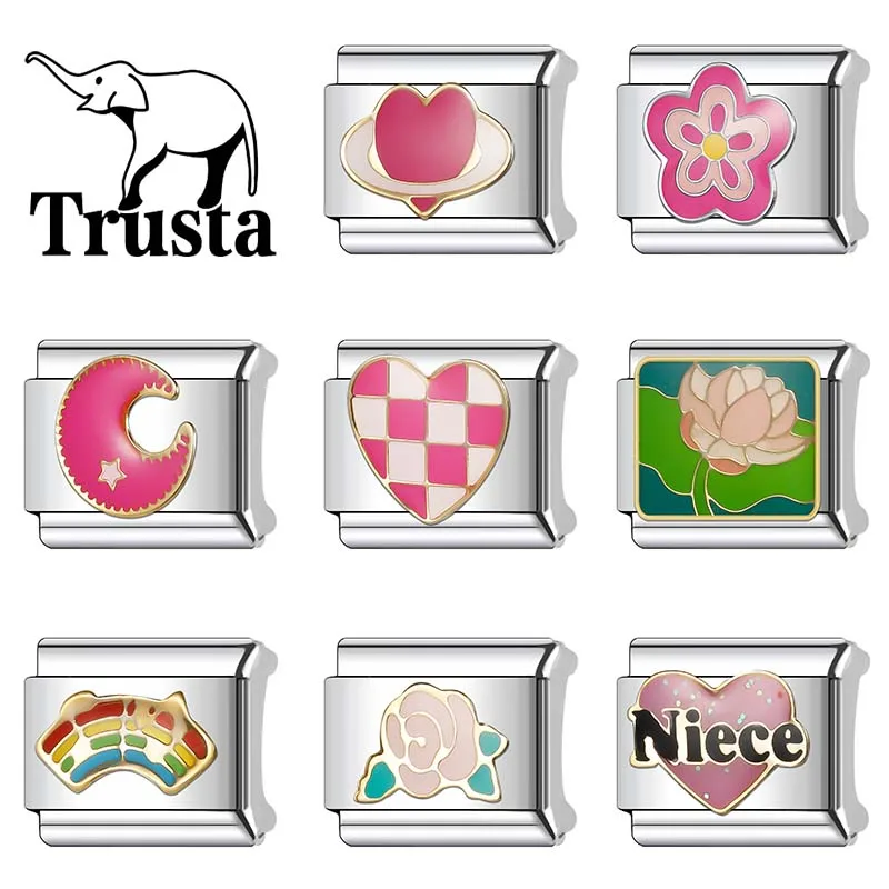 Trusta 2024 Fashion Niece Rainbow Flower Charm Italian Links 9mm Bracelet Stainless Steel for Women DIY Jewelry Wholesale N190