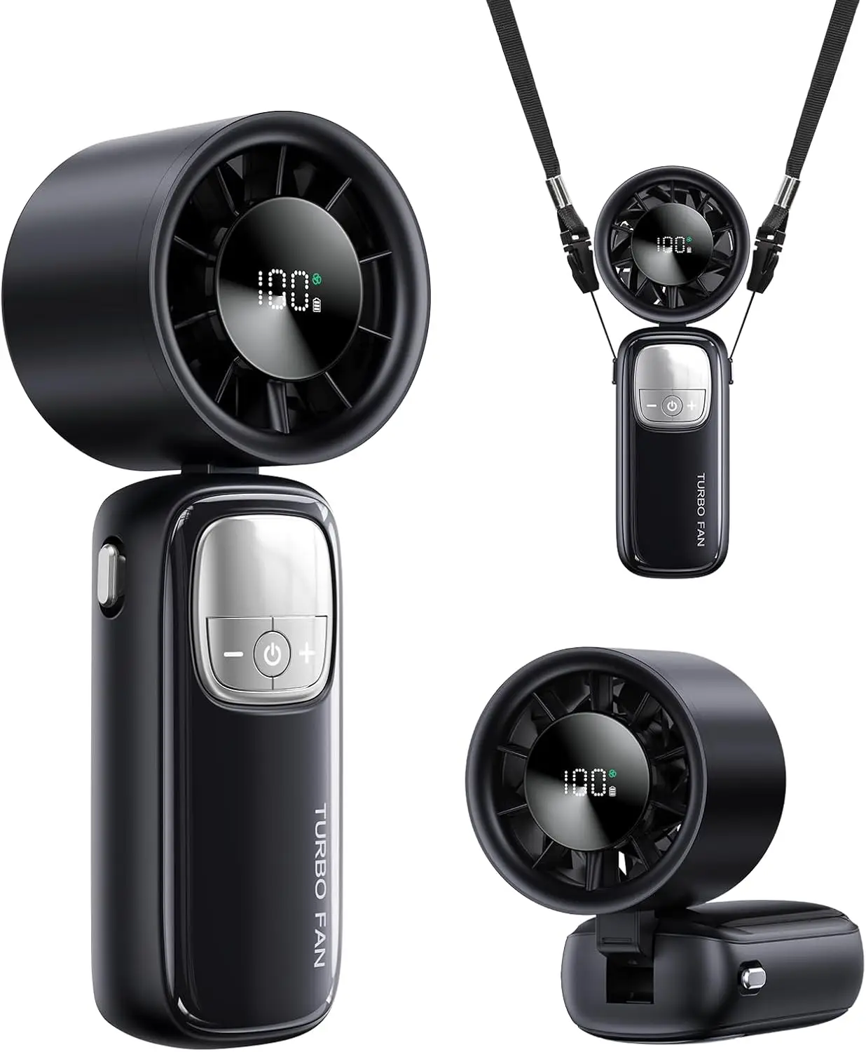 

3-in-1 Portable Handheld Turbo Fan: 100 Speeds, 15000 RPM, 10Hrs Cooling, LED Display, 90° Rotation, Small Travel Fan