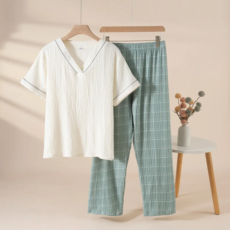 

Easy Care Cotton Gauze Pajamas Women's Breathable V-Neck Short Sleeve Top & Plaid Long Pants Loungewear Super Soft No Shrinkage