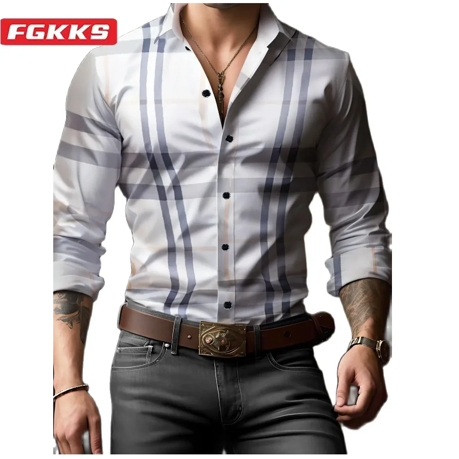 FGKKS 2024 Outdoor Casual Shirt For Men Plaid Fashion Slim Top High Quality Design Trend Selling Street Wear Shirt For Men