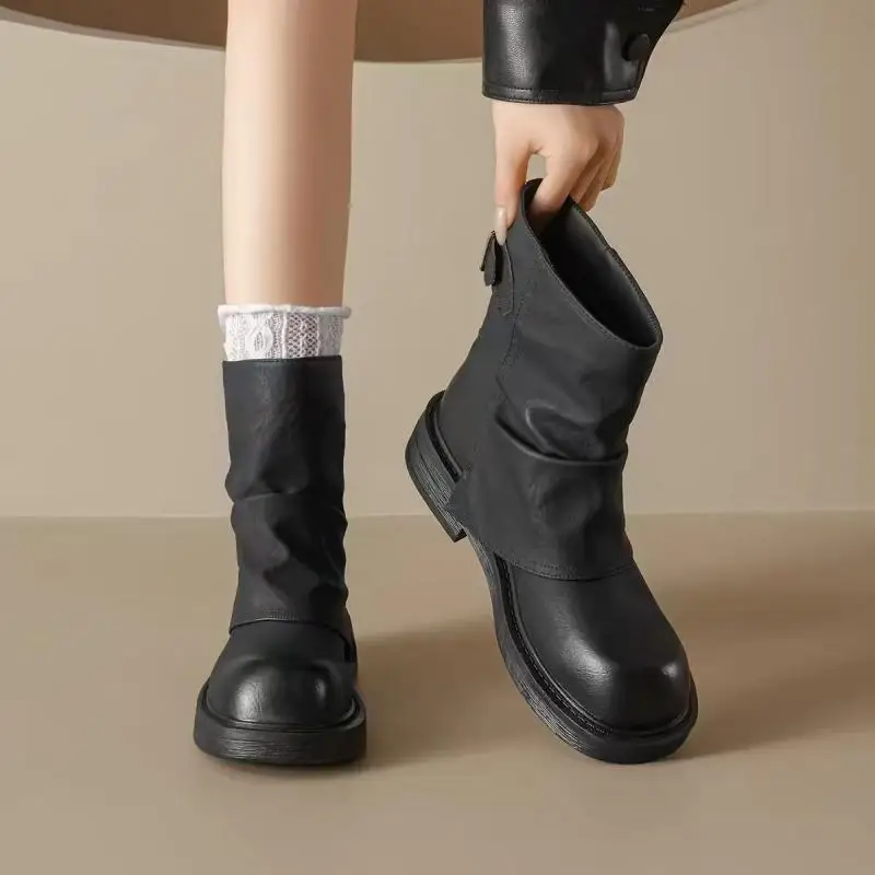 Damen Stiefeletten Flach Weiches Leder Runde Spitze Retro Schnalle Kurze Stiefel Bequeme Freizeitschuhe Modische Winterschuhe Schlupfstiefel Herbst Winter Laufschuhe Warme Halbstiefel Trend – Detail 4