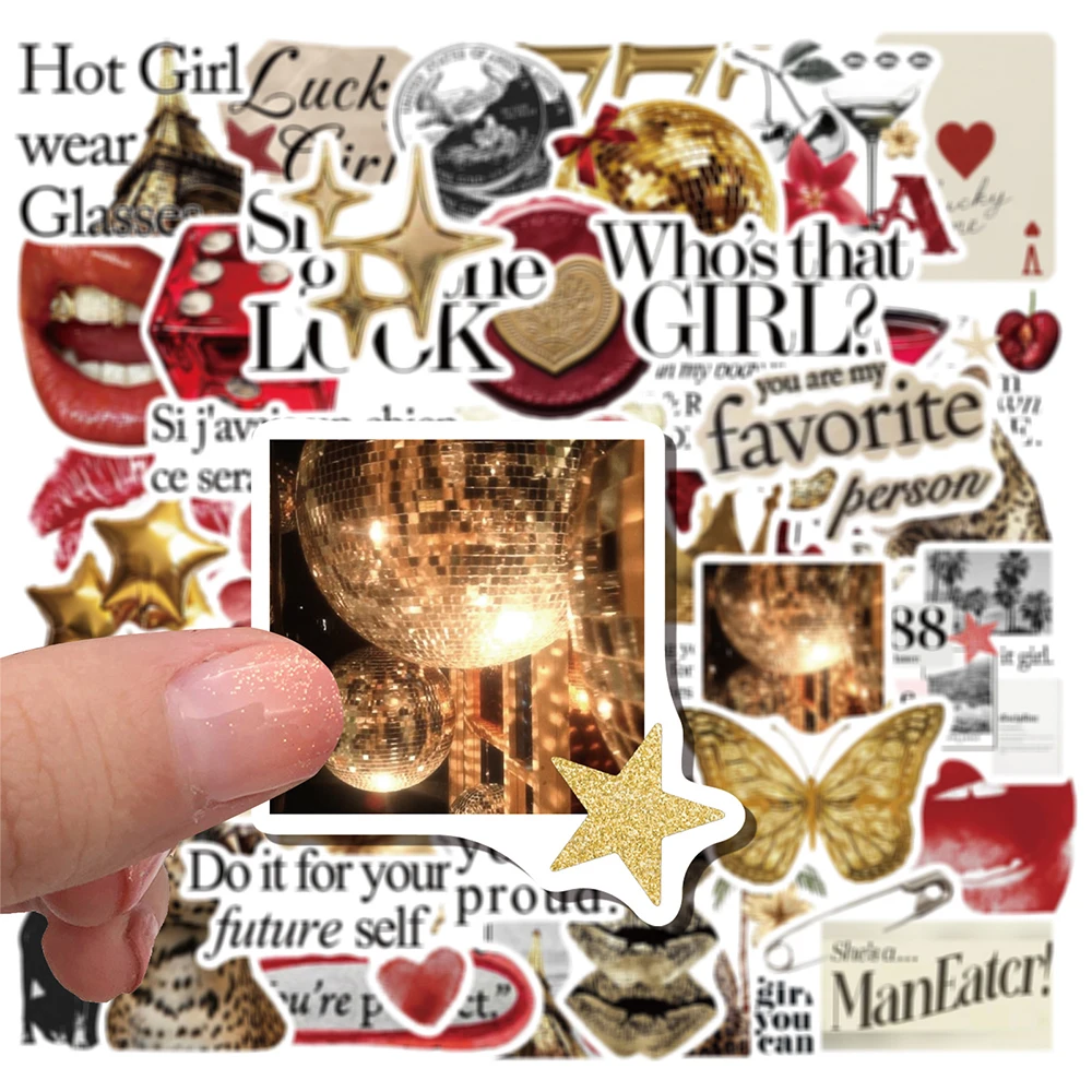 10/30/50 قطعة Ins نمط الذهب الأحمر الفن ملصقات الجمالية الرجعية Y2K فتاة الكتابة على الجدران الشارات حقيبة جراب هاتف دفتر ملصق ديكور