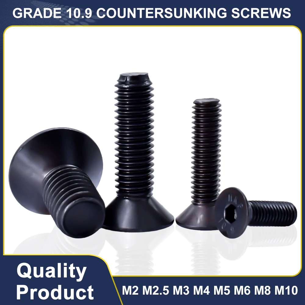 M2 M2.5 M3 M4 M5 M6 M8 M10 Black Grade 10.9 Carbon steel Countersunk Hexagon Screw Flat Head Allen Cap Screw Bolt 1Pcs-150Pcs